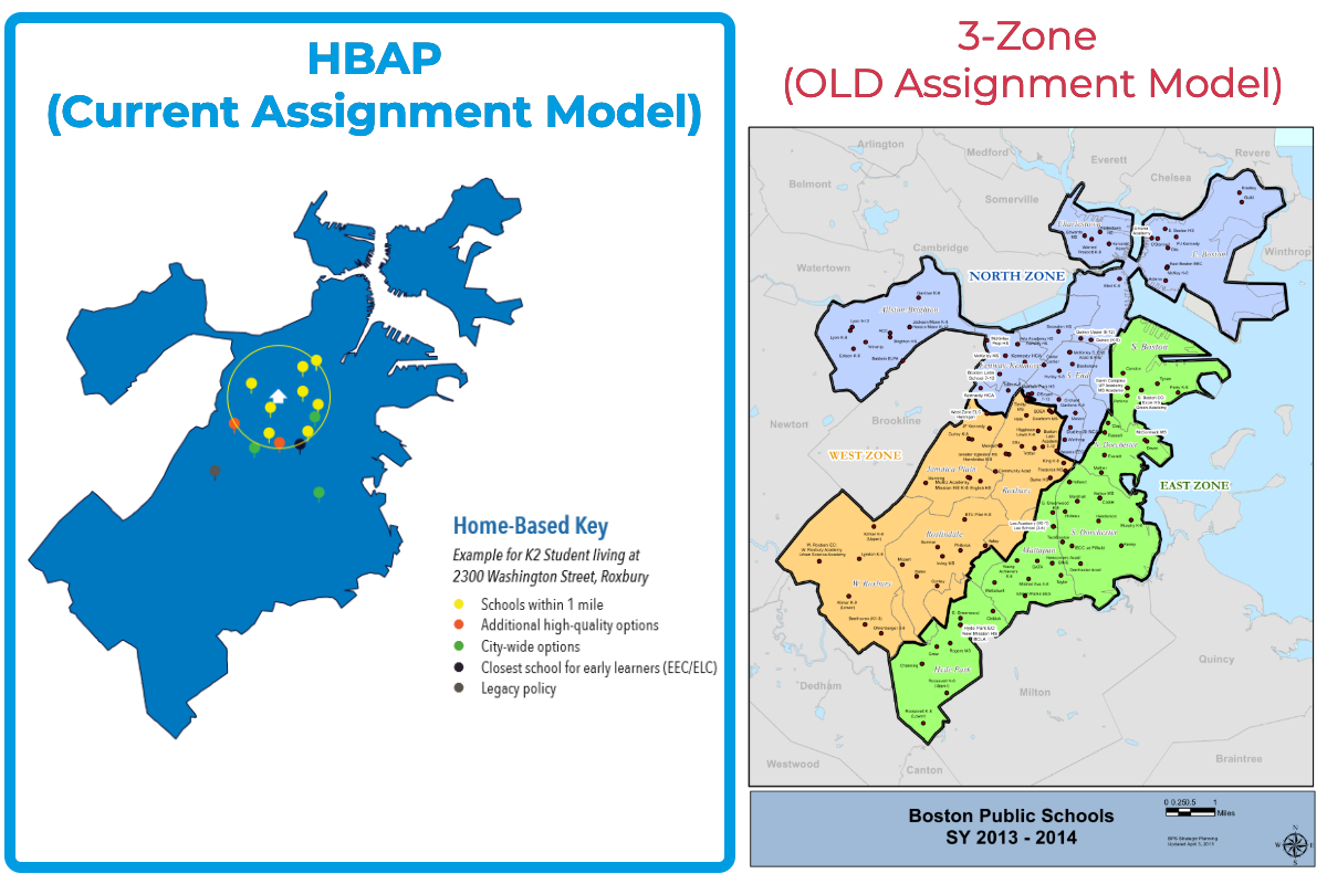 Mapa de comparação das políticas de designação das Escolas Públicas de Boston 3 Zonas e HBAP